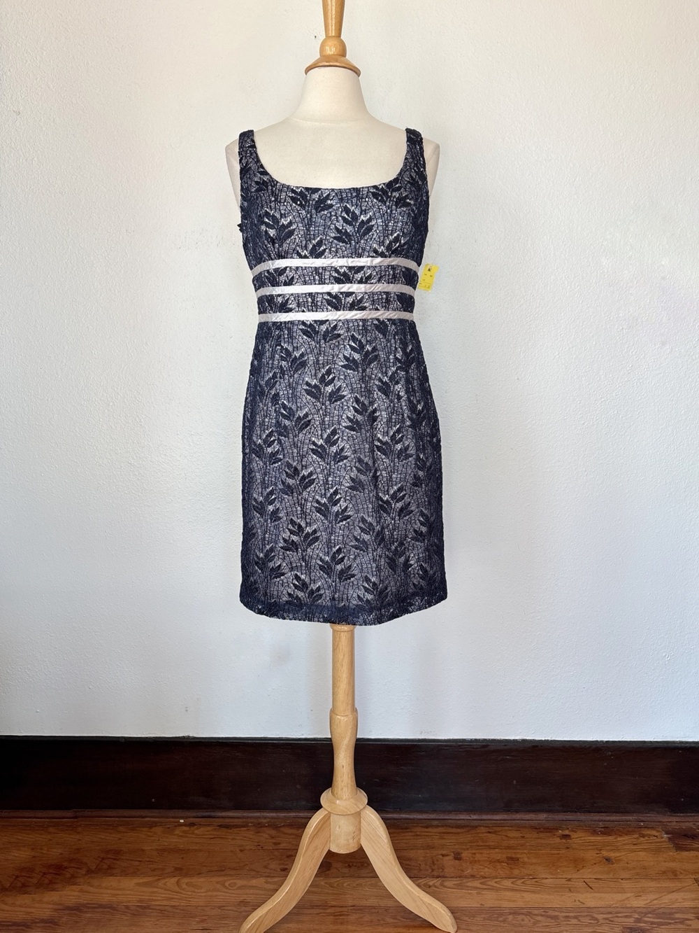 Vintage 80s Navy & Silver Satin Lace Bow Back Cocktail Dress